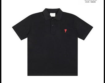 Black Polo Shirt Men Minimal Heart Embroidery Cotton Short Sleeve Casual Classic Tee