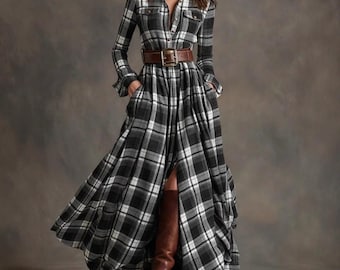 Plaid Maxi Shirt Dress, Long Sleeve Check Dress, Belted Flowy Dress, Winter Boho Dress, Vintage Style Outfit