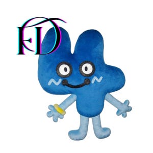 May include: A plush toy in the shape of the number four, in a vibrant blue color. It has large, round eyes, a smiling mouth, and a yellow bracelet. The toy has arms and legs, and the text "FD" is in the upper left corner.