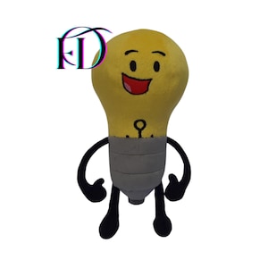 May include: A plush toy shaped like a lightbulb with a smiling face, black arms and legs. The lightbulb is yellow with a gray base. The toy has a happy expression with a red mouth and black eyes.
