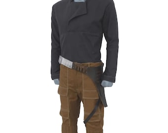 May include: A dark gray long-sleeve shirt with a unique collar design, paired with brown cargo pants featuring multiple pockets and visible stitching. A belt with a holster-like design and a strap completes the outfit. The outfit is displayed on a mannequin.