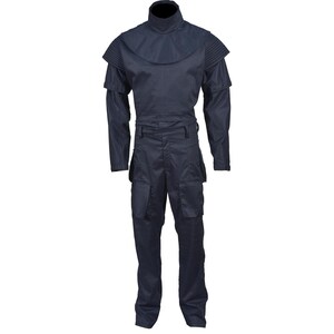 May include: A navy blue jumpsuit with a high collar and shoulder detailing. The one-piece garment features long sleeves, a belted waist, and multiple pockets on the legs. The overall design suggests a futuristic or tactical aesthetic.