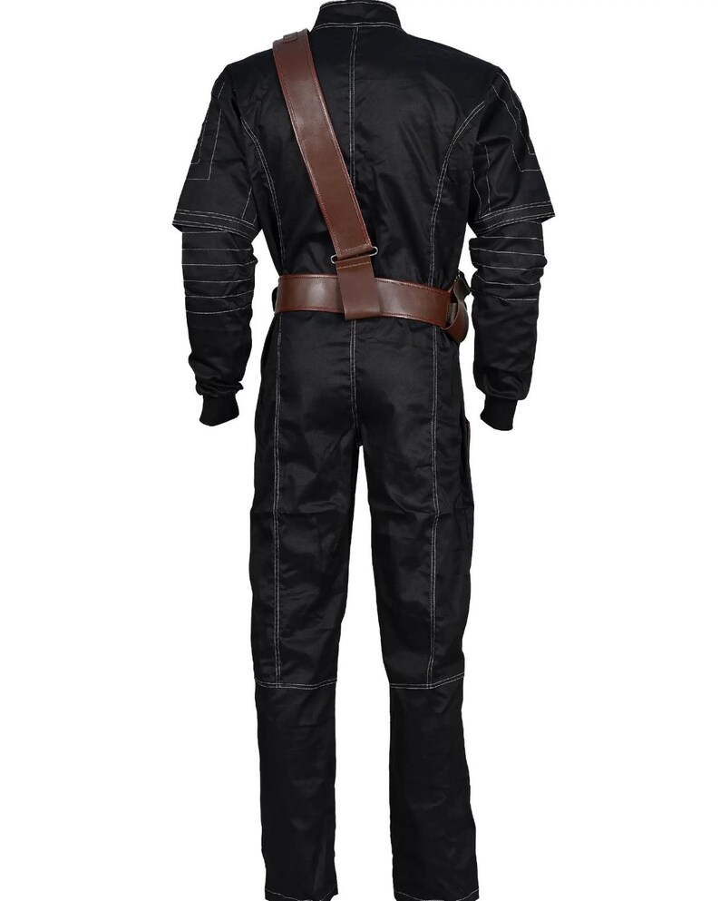 May include: Black jumpsuit with white stitching details, a brown leather belt, and a matching shoulder strap. The jumpsuit has long sleeves and a high collar. The overall design is sleek and functional, suitable for cosplay or costume events.