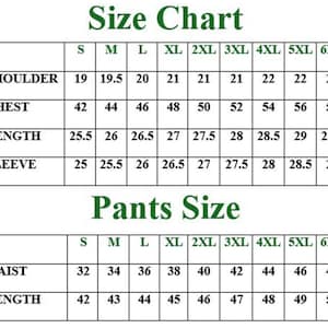 May include: A size chart for clothing, with measurements for shoulder, chest, length, and sleeve. The chart includes sizes S to 6XL. The pants size chart shows waist and length measurements for sizes S to 6XL.