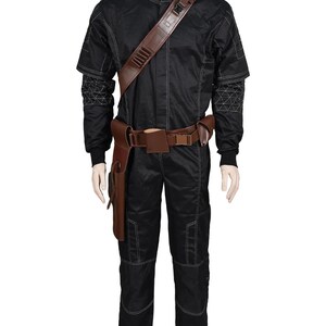 May include: Black jumpsuit with white stitching and brown leather accessories. The costume includes a shoulder strap, belt, and holster. The sleeves have a geometric pattern on the upper arm. The outfit is displayed on a mannequin.