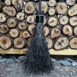 Black Witch Broom With Leather And Crystal, Halloween besom, Halloween Broom, Wedding Broom, Witch Broom Decor, Handmade Broom
