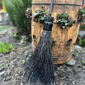 Black Witch Broom With Leather And Crystal, Halloween besom, Halloween Broom, Wedding Broom, Witch Broom Decor, Handmade Broom