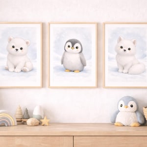 Arctische kinderkamer muurkunst pooldier poster set 3-delig winter thema babykamer decor schattige ijsbeer pinguïn vos print coole speelkamer cadeau