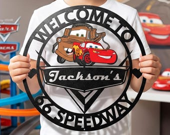 Personalized Disney Cars Metal Sign Custom Name Lightning McQueen Wall Art Race Car Boy Room Decor Kids Nursery Name Sign Piston Cup Gift
