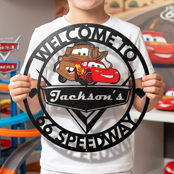Personalized Disney Cars Metal Sign Custom Name Lightning McQueen Wall Art Race Car Boy Room Decor Kids Nursery Name Sign Piston Cup Gift