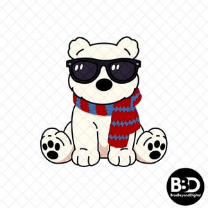 Peut inclure: Illustration de dessin animé d'un ours polaire portant des lunettes de soleil noires et une écharpe rouge et bleue. L'ours est assis avec ses pattes en avant et a des coussinets noirs. L'image a un fond blanc.