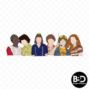 Puede incluir: Ilustración digital de seis personajes de la serie Stranger Things. Cada personaje se muestra de los hombros para arriba, con ropa y peinados distintivos. La obra de arte está delineada en negro, con un fondo blanco.