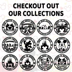 May include: Black metal wall art featuring various Disney-themed designs. The circular pieces include silhouettes of Mickey and Minnie Mouse, castles, and phrases like "Home Sweet Home" and "Our Happy Place." The text "CHECKOUT OUT OUR COLLECTIONS" is at the top.