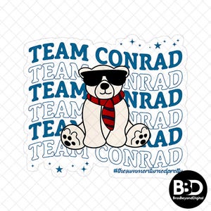 May include: A white sticker featuring a cartoon polar bear wearing sunglasses and a red and blue scarf. The text "TEAM CONRAD" is repeated in blue, with the hashtag "#thesummeriturnedpretty" at the bottom.