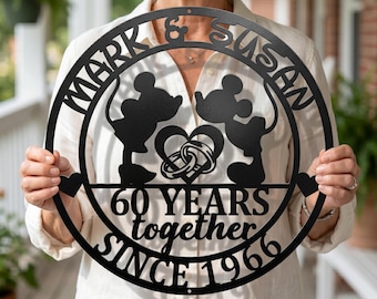 Personalized Disney Couple Anniversary Metal Sign 60 Years Together Custom Name Wall Art Mickey Minnie Wedding Gift Diamond Jubilee Decor