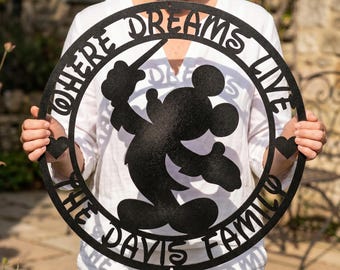 Personalized Disney Style Metal Family Name Sign Custom Mickey Mouse Wall Decor Outdoor Garden Porch Housewarming Gift for Disney Fans, Boys