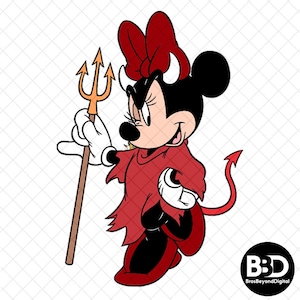 May include: A cartoon illustration of Minnie Mouse in a devil costume. She is depicted in a red outfit, with a red bow, and small horns. She holds a gold trident and has a red tail. The background is white.