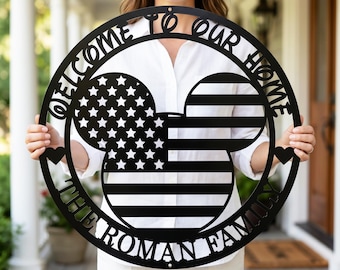 Custom Disney Metal Name Sign, American Flag Mickey Wall Art, 4th of July Welcome Door Decor, Patriotic Housewarming Gift, Disney Home Decor