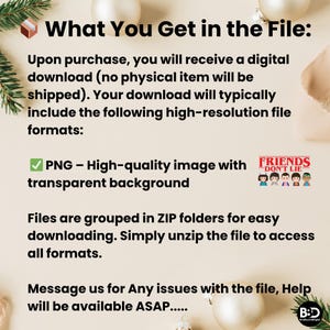 May include: Text on a cream-colored background reads "What You Get in the File:" followed by details about a digital download, including PNG format with a transparent background. The image also includes the text "FRIENDS DON'T LIE".