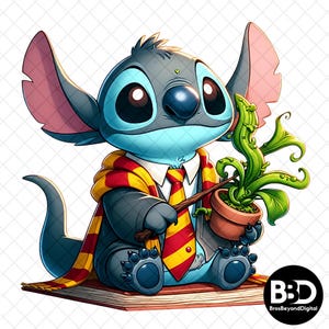 Könnte beinhalten: Eine digitale Illustration von Stitch, einem blauen Alien-Charakter, der eine Schuluniform mit einem rot-goldenen Schal und einer Krawatte trägt. Er hält einen Zauberstab und eine kleine Topfpflanze und sitzt auf einem Buch.