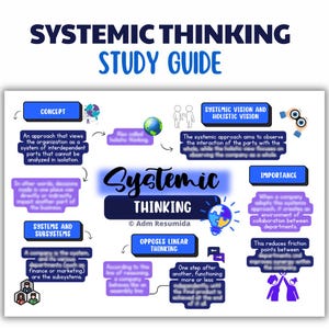 May include: A study guide titled "Systemic Thinking" with a white background. The guide features blue and purple text, diagrams, and illustrations explaining the concept, vision, and importance of systemic thinking. The guide opposes linear thinking.