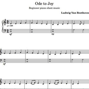 Könnte beinhalten: Noten für "Ode an die Freude" von Ludwig van Beethoven. Anfänger-Klaviernoten mit Noten auf weißem Hintergrund. Das Tempo ist mit 120 Schlägen pro Minute angegeben.