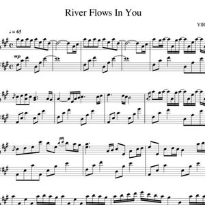 Peut inclure: Partition de piano pour "River Flows In You" de Yiruma. La musique est écrite à l'encre noire sur papier blanc, avec des clés de sol et de fa, et des notes de musique. Le tempo est de 65 battements par minute.