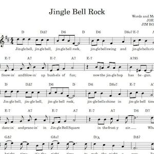Op de afbeelding: Muziekblad voor "Jingle Bell Rock" met tekst en noten. De titel staat bovenaan, met de namen van de componisten, Joe Beal en Jim Boothe, eronder. De partituur bevat een G-sleutel, maatsoorten en akkoordsymbolen.