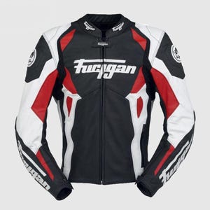 Blouson de moto en cuir Furygan Spyder noir, rouge, blanc, design racing, protection de blindage approuvée CE