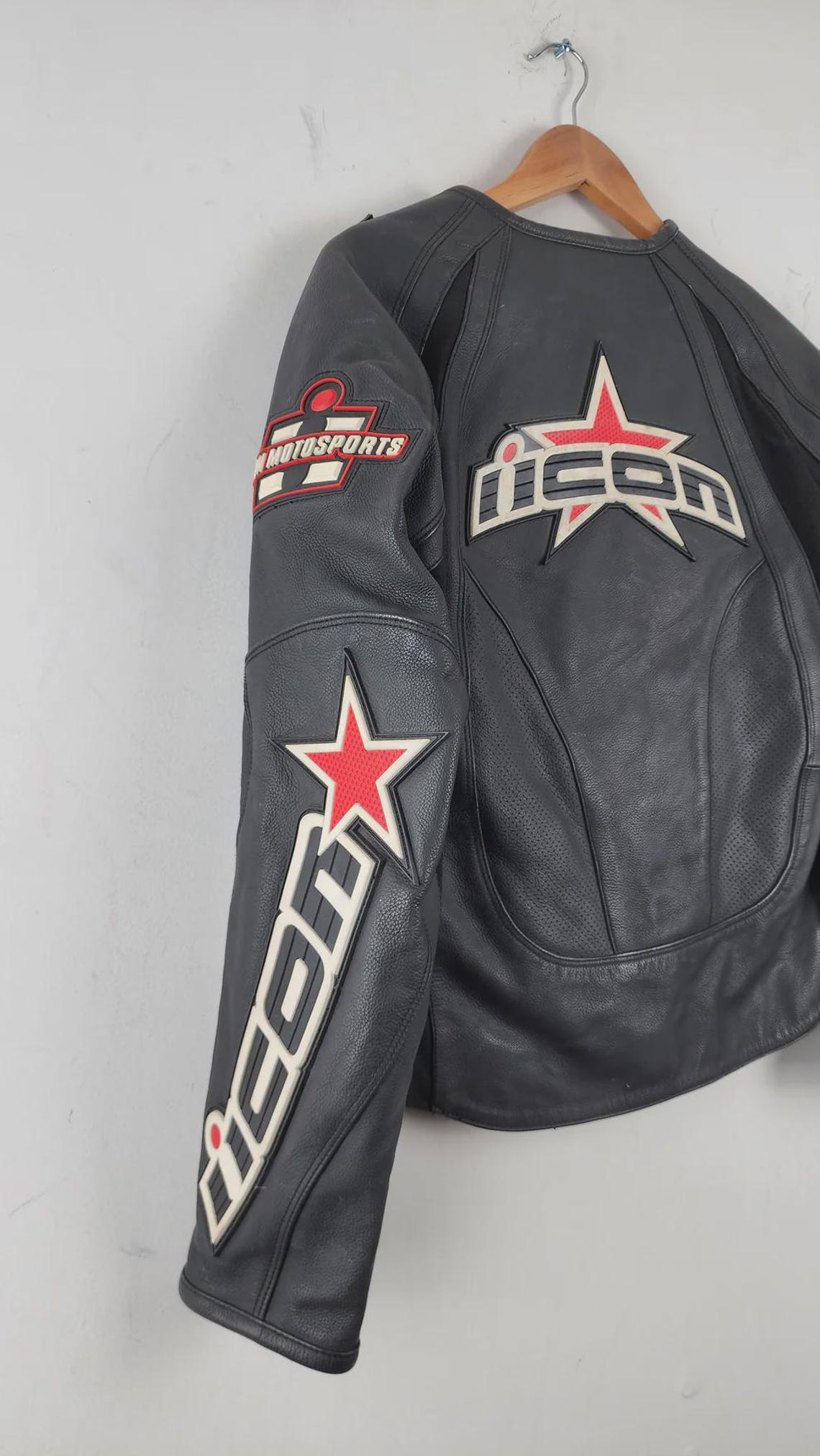 ICON Leather Racing Jacket – Black Perforated Biker Coat – Men’s ...