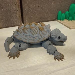 May include: A gray and tan articulated toy turtle with a detailed shell and limbs. The toy is posed on a light-colored surface, with a backdrop of brown blocks and green cactus decorations.