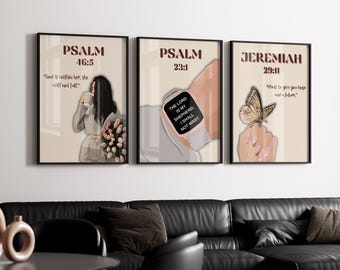 Set of 3 Christian Girl Wall Art, Bible Verse Prints, Faith Room Decor, Jeremiah 29,11, Psalm 23, Psalm 46, Digital Download