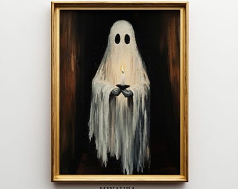 May include: A framed painting of a ghost holding a lit candle. The ghost is white with two black eye holes, and the candle flame glows brightly. The artwork is set against a dark background and framed in gold. The text "MIXAURA" and "HIGH RESOLUTION | INSTANT DOWNLOAD" are at the bottom.