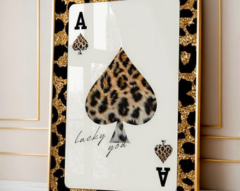 Lucky You Leopard Wall Art, Glam Playing Card Poster, Luxury Gold Printable Decor, Digital Download