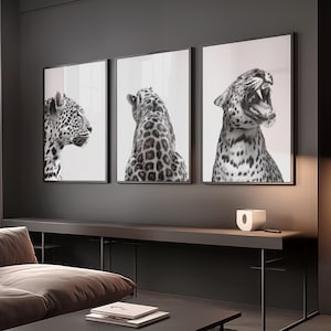 Puede incluir: Tres impresiones enmarcadas en blanco y negro de leopardo. Las impresiones representan la cabeza de perfil de un leopardo, la espalda del leopardo y un leopardo bostezando. Las impresiones se exhiben sobre una consola marrón oscuro.