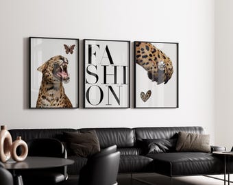 Set of 3 Leopard Print Wall Art, Fashion Poster Set, Luxury Animal Print Decor, Modern Glam Wall Art, Digital Download