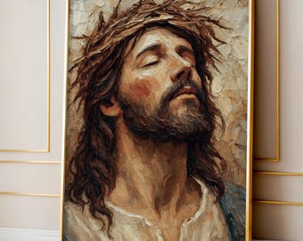 Puede incluir: Retrato al óleo de un hombre con cabello largo castaño, barba y corona de espinas. La obra presenta un marco dorado y un fondo neutro con pinceladas texturizadas. Los ojos del hombre están cerrados y su expresión es serena.