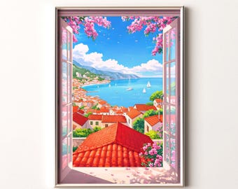 Arte de pared imprimible de un pueblo costero italiano / Vista de ventana con flores rosas / Decoración de verano / Arte de ventana abierta / Descarga digital
