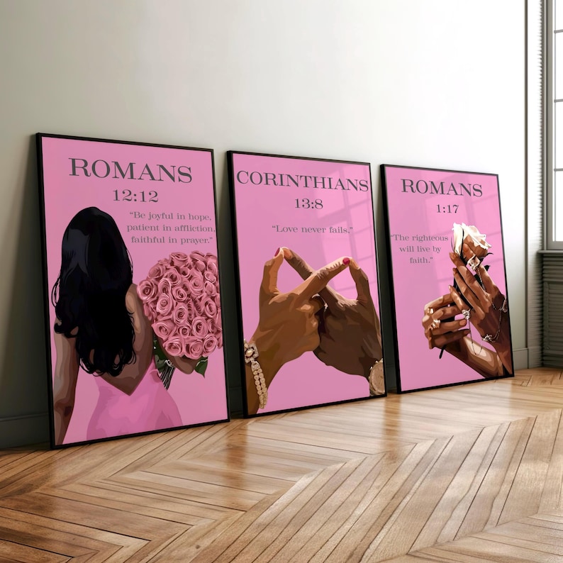 Pink Christian Wall Art Set of 3 Bible Verse Prints, Scripture Wall ...