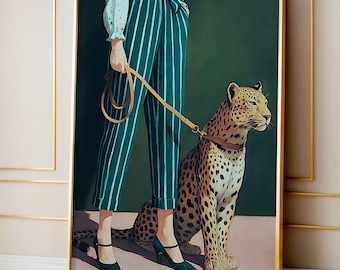 Smaragdgrüne Frau mit Leopard Kunstdruck | Mode Ölgemälde Wandkunst | Elegante Tier Illustration | Leopard Poster | Sofort Download