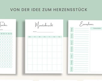 Puede incluir: Un paquete de planificador imprimible con un fondo verde menta. Se muestra el texto "Einzigartiges PRINTABLE PLANNER BUNDLE". Se muestran varias páginas del planificador, incluido un rastreador, una descripción general mensual y un planificador de comidas. El logotipo de Calderón Creations está en la esquina superior derecha.