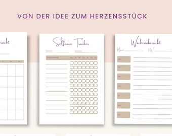 May include: Printable planner bundle with various templates, including a self-care tracker, weekly overview, and meal planner. The design features a soft color palette with handwritten-style fonts. The text includes "Einzigartiges" and "Printable Planner Bundle".
