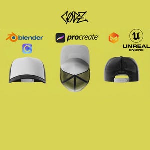 May include: Three views of a white and black trucker hat on a yellow background. The hat features a solid white front panel, a mesh back, and a plastic snapback closure. Logos for Blender, Procreate, and Unreal Engine are displayed above the hats.