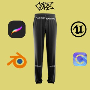 Puede incluir: Pantalones de chándal negros con cintura de cordón y el texto "PLACE HERE" impreso en blanco cerca de la cintura y en la parte inferior de las piernas. El logo "CODZ" aparece arriba, rodeado por cuatro iconos de software: Procreate, Unreal Engine, Blender y un cuadrado azul degradado.