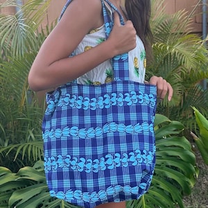 Blue Handmade Puakenikeni Palaka Pikake Daily Tote Bag With Lining