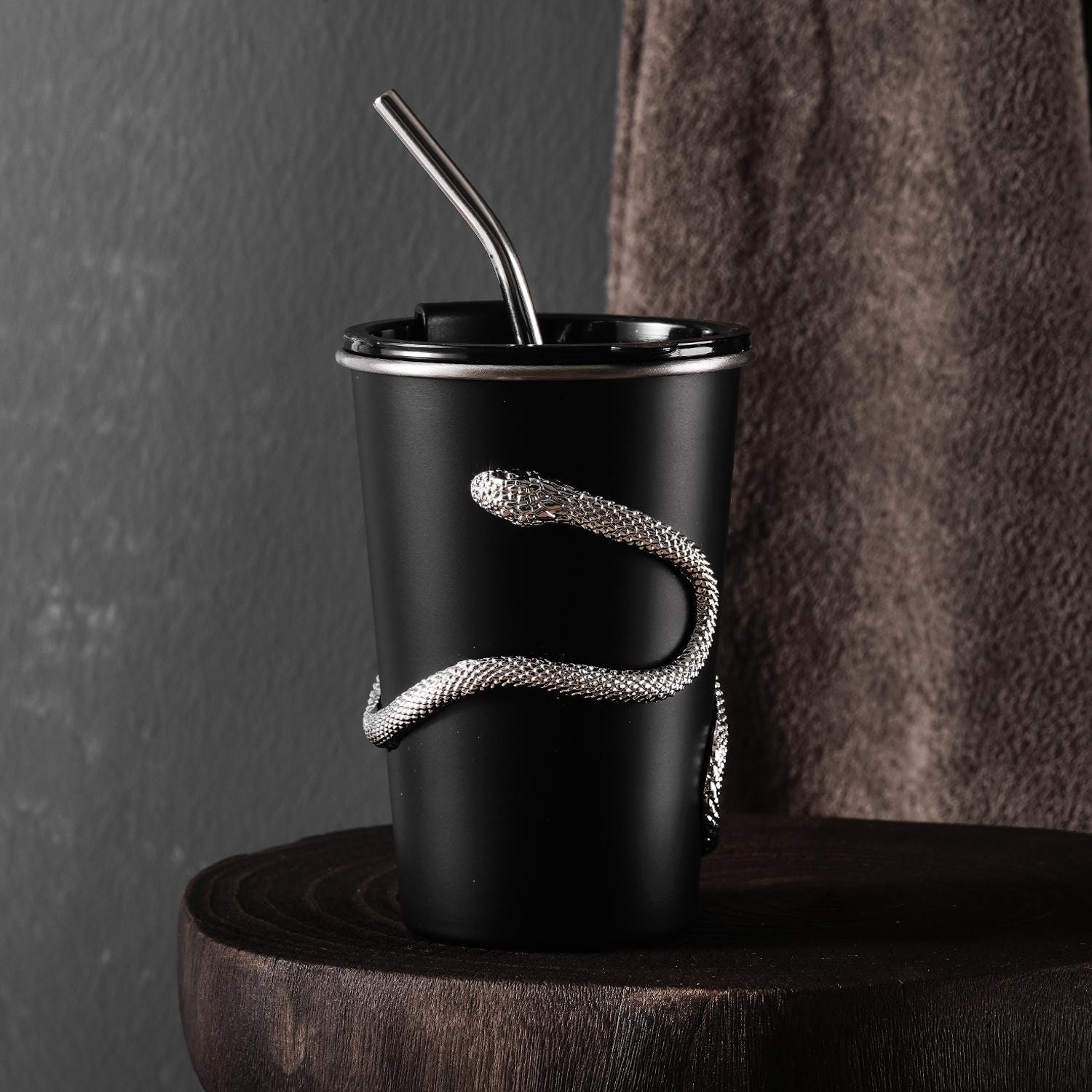 Handmade Metal Snake Stainless Steel Cup: Snake Engraved Coffee Tumbler, Personalized Gothic Drinking Mug for Coffee Lovers, Gift for Him