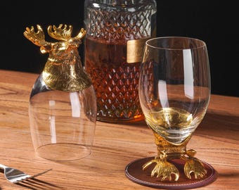 Deer Wine Glasses Set of 2 – Handcrafted Metal Stag Tumbler, Vintage Style Home Bar Decor, Unique Barware for Wine Lovers with Gift Box