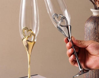 Handmade Heart Champagne Glasses: Set of 2 Vintage Metal Double Heart Toasting Flutes, Wedding Goblets Silver Glass, Unique Anniversary Gift