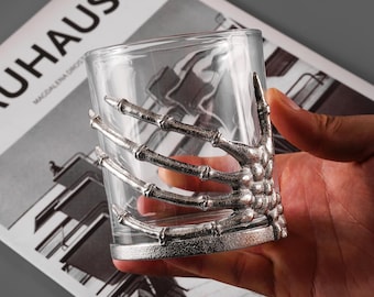 Handmade Skull Hand Whiskey Glass: Metal Skeleton Glass for Home Bar Collection, Skull Design Barware Gift for Drink Lovers