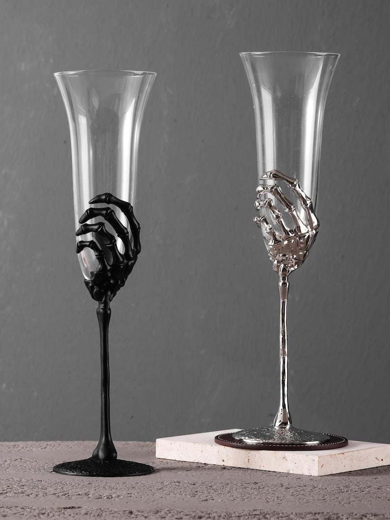 Metal Skeleton Hand Champagne Flutes: Gothic Wedding Toasting Glasses, Halloween Party Wine Goblets,  Unique Gift for Skull Lovers